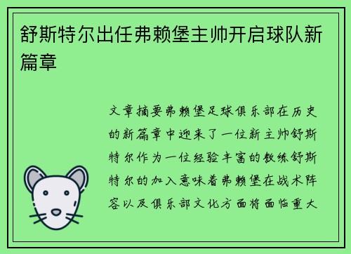舒斯特尔出任弗赖堡主帅开启球队新篇章 舒斯特尔出任弗赖堡主帅开启球队新篇章