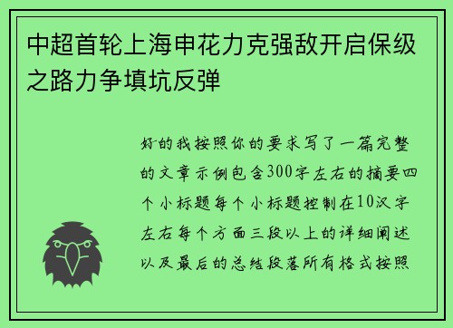 中超首轮上海申花力克强敌开启保级之路力争填坑反弹 中超首轮上海申花力克强敌开启保级之路力争填坑反弹